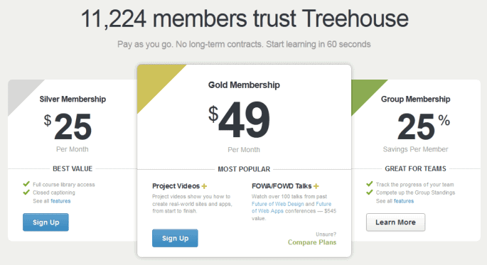 Treehouse pricing page copywriting